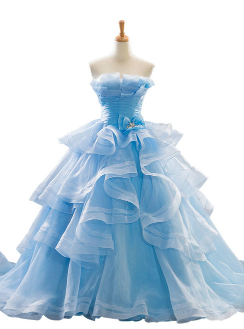 Blue Ball Gown Tulle Strapless Pleats Wedding Dress