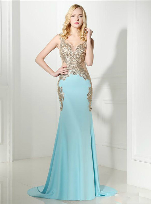 Blue Sleeveless Side Applique Lace Formal Evening Dress