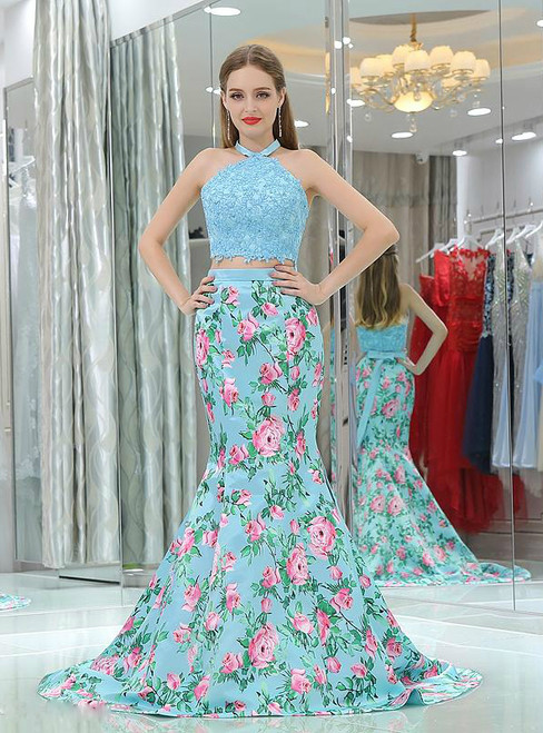 Mermaid Light Blue Two Piece Halter  Satin Lace Prom Dress