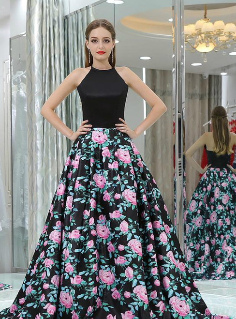 Black Print Halter Backless Satin Floor Length Prom Dress