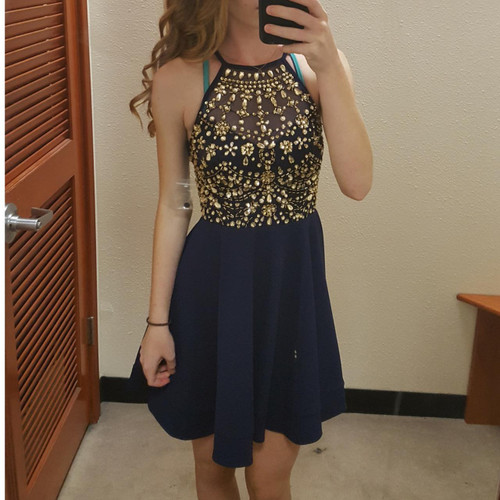 Gold Rhinestone Beaded Top Navy Chiffon Homecoming Dress