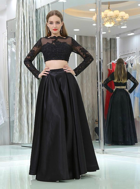 Black Satin Two Piece Long Sleeve Floor Length Prom Dress