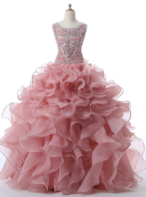 Organza Ruffled Pink Sleeveless Rhinestones Crystals Sequins Sweet 16 Dresses