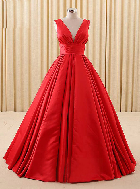 Simple A-line Red V-neck Satin Backless Quinceanera Dresses
