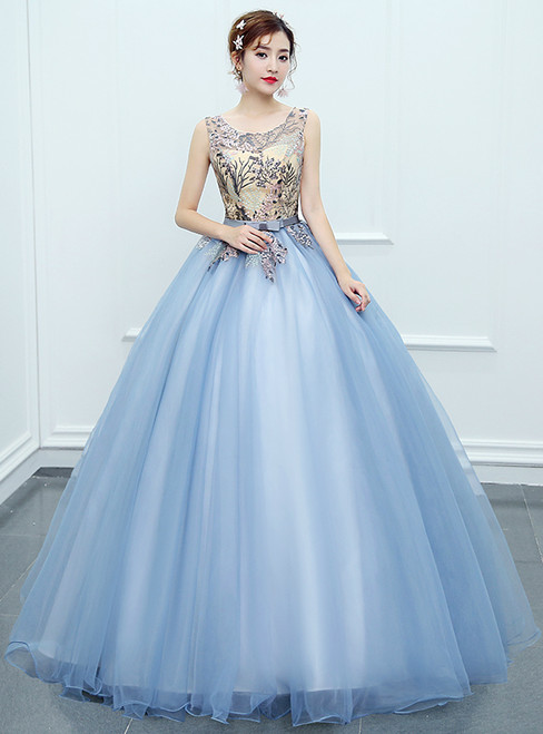 In Stock:Ship in 48 hours Ready To Ship Blue Print Ball Gown Dress
