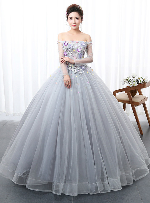 In Stock:Ship in 48 hours Ready To Ship Gray Off The Shoulder Quinceanera Dresses