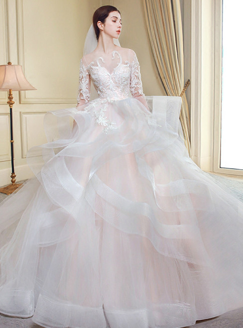 Ball Gown Ivory Tulle Long Sleeve Backless Wedding Dress