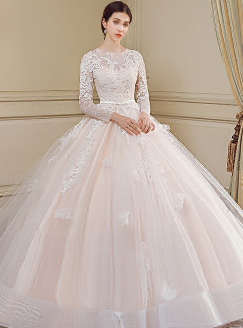 Luxury Long Sleeve Tulle Appliques Long Train Wedding Dress