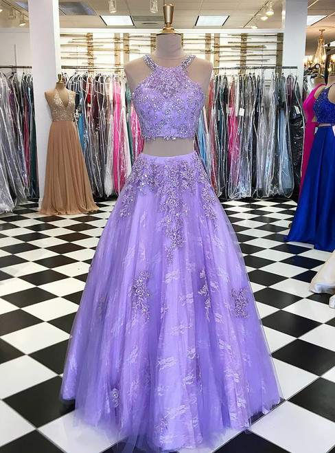 Two Piece Beaded Halter Purple Tulle Long Prom Dress