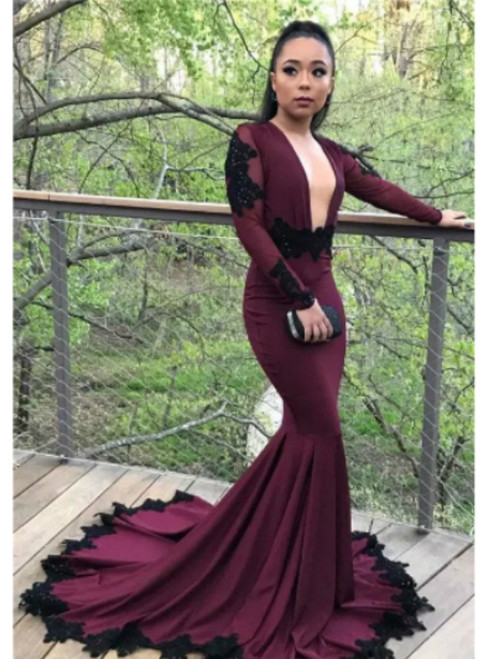 Burgundy Mermaid Long Sleeve Deep V-neck Backless Prom Dress