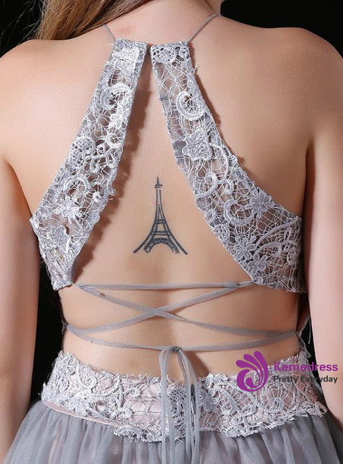 Two Pieces Knee Length Halter Tulle Homecoming Dresses with Lace Appliques UQ1985 main image 1