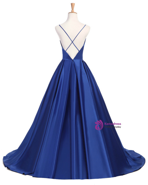 Royal Blue Simple A-line V-neck Cheap Open Back Prom Dresses, PL112