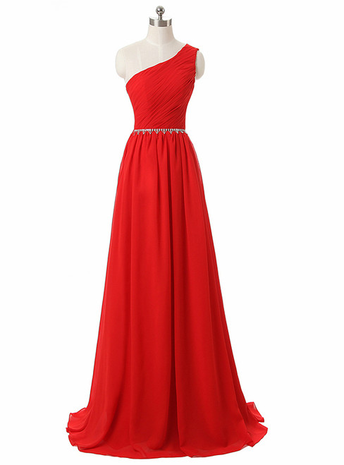 One Shoulder Red Floor Length A Line Red Chiffon Bridesmaid Dresses