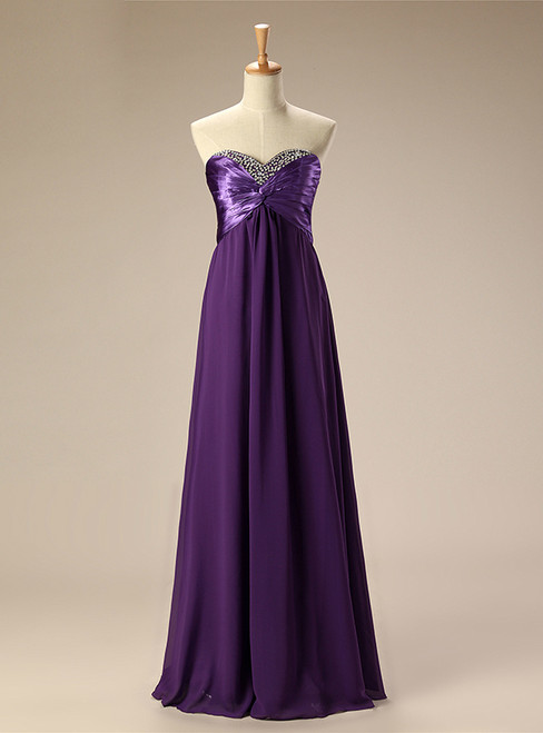A Line Strapless Chiffon Purple Floor Length Bridesmaid Dress