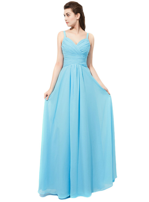 Floor Length Light Blue Spaghetti Straps Chiffon Bridesmaid Dresses