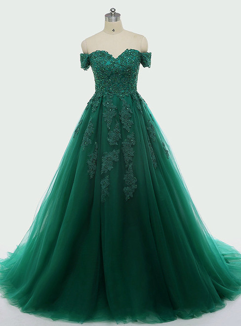 green lace ball gown