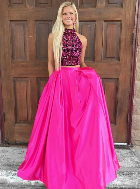 Two Piece High Neck Open Back Fuchsia Satin Prom Dress With Pocket