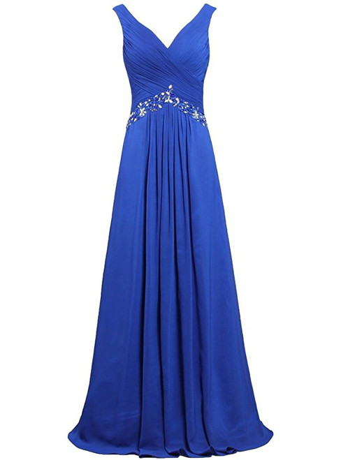 Blue Chiffon V-neck Floor Length Bridesmaid Dress