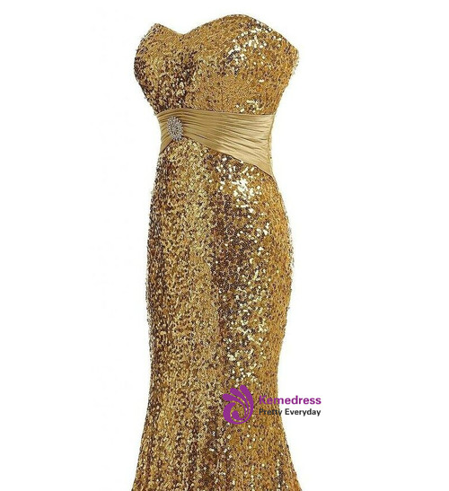 Gold Sequin Long Sweetheart Pleated Sleeveless Mermaid Prom Dress main image 1
