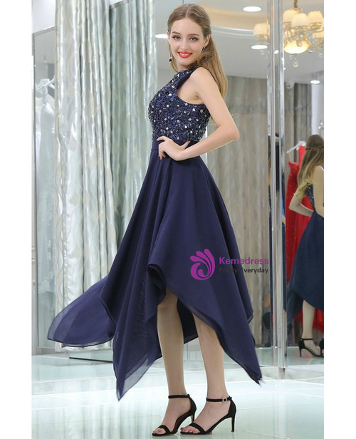 A Line Light Blue Two Piece Beading High Low Chiffon Prom Dresses  LBQ3267 main image 1