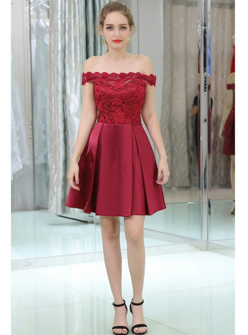 Off The Shoulder Burgundy Lace Satin Cocktail Dress