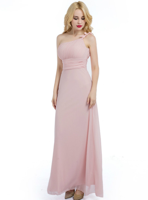 Pink One Shoulder Floor Length Bridesmaid Dress With Pleats