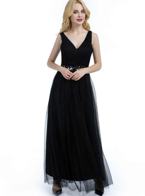 Black V-neck Backless Tulle Beading Bridesmaid Dress