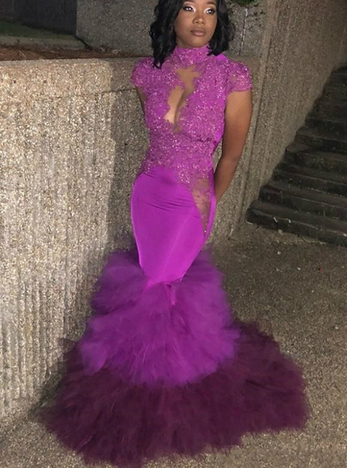 Purple Cap Sleeves High Neck Sequins Lace Appliques Mermaid Prom Dress