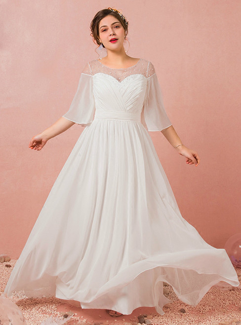 A-Line White Short Sleeve Chiffon Floor Length Wedding Dress
