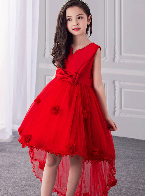 In Stock:Ship in 48 hours Ready To Ship Cheap Red Satin Bow Hi Lo Tulle Flower Girl Dress