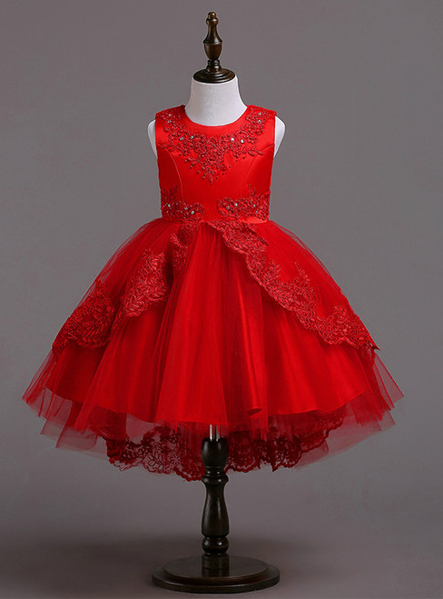 In Stock:Ship in 48 hours Ready To Ship Red Tulle Appliques Girl Dress