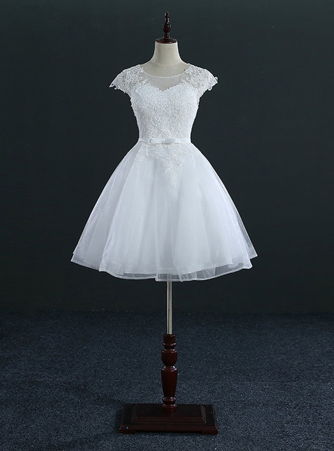 Short knee-length tulle lace wedding dress with cap sleeves