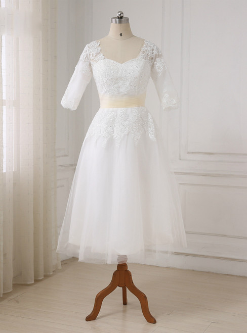 Short Half Sleeves Tea Length Beaded Applique Tulle Wedding