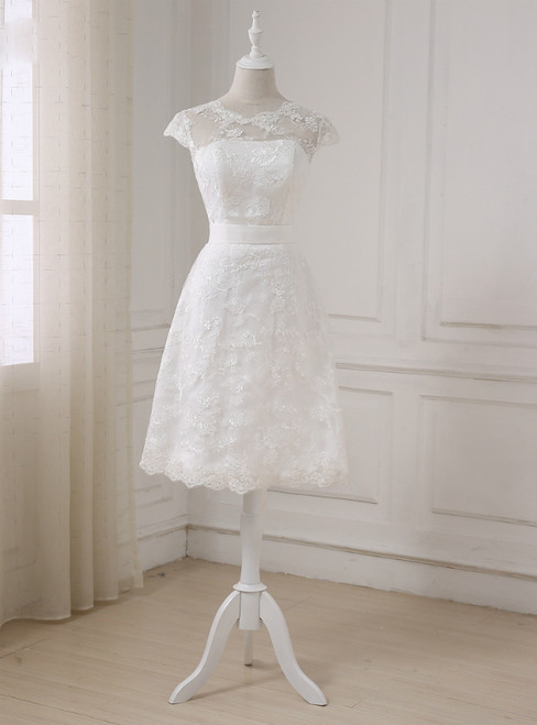 Short A-line Lace Little White Sleeveless Scoop Neck Wedding Dresses