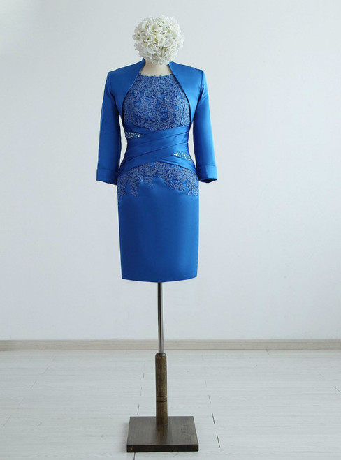 Blue Satin Appliques Lace Beading Knee-Length Mother of the Bride Dresses