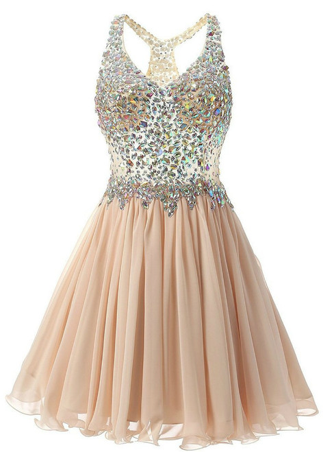 In Stock:Ship in 48 hours Chiffon Crystal V-neck Homecoming Dress