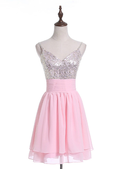 In Stock:Ship in 48 hours Pink Chiffon Sequins Homecoming Dress