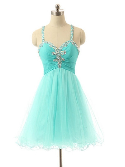 Mint Short Spaghetti Tulle Crystals Homecoming Dresses