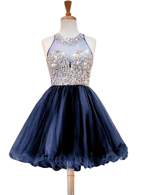 A-line Beaded Crystals Navy Blue Party Homecoming Dress