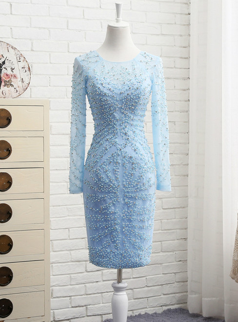Light Blue Short Prom Dress Lace With Beaded Mother Of The Bride Dress