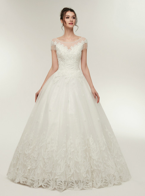 White Ball Gown Scoop Tulle Appliques Backless Wedding Dress