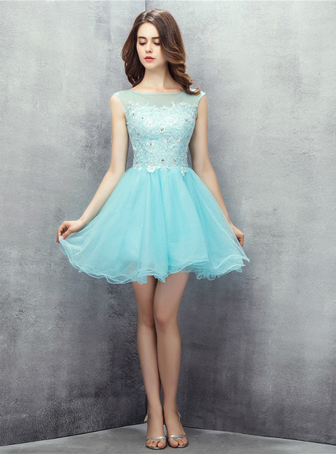 Light Blue Tulle Appliques Backless With Crystal Homecoming Dress