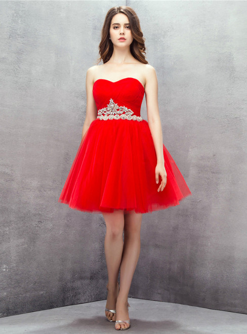 Red Sweetheart Tulle Short Homecoming Dress With Crystal