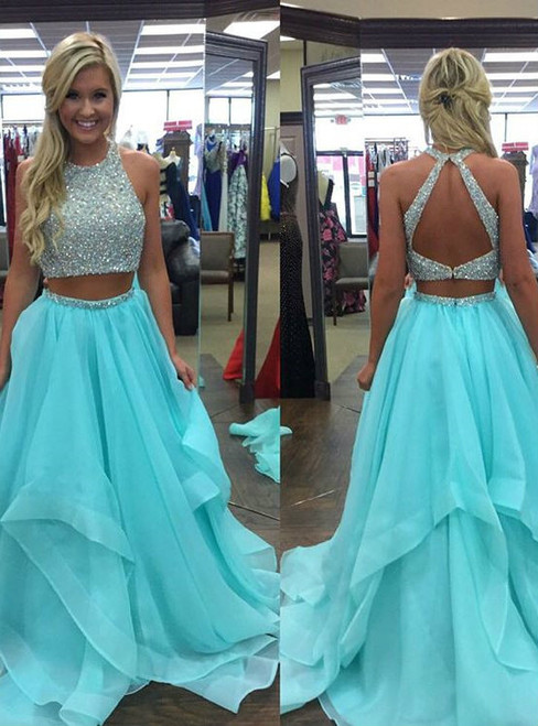 A-PLine Two Piece Ruffles Backless Long Prom Dress With Beading