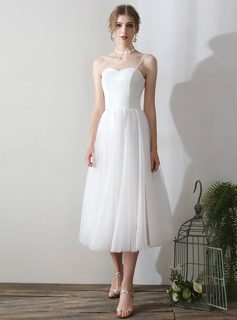 In Stock:Ship in 48 hours White Spaghetti Straps Tulle Wedding Dress