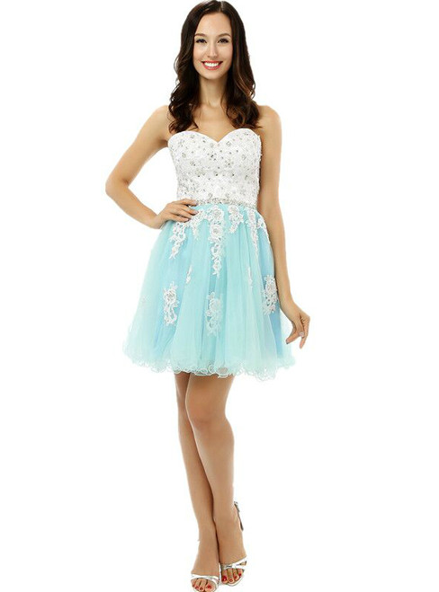 White Lace Appliques Blue Tulle Sweetheart Short Homecoming Dress