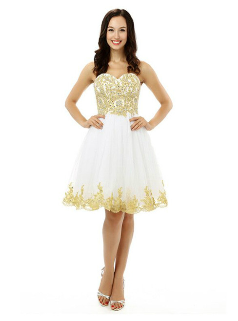 White Tulle Gold Appliques Sweetheart Knee Length Homecoming Dress