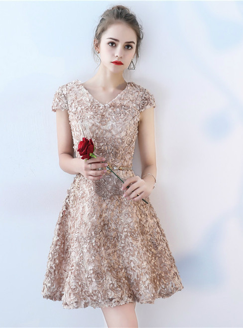 In Stock:Ship in 48 hours Champagne Cap Sleeve V-neck Homecoming Dress