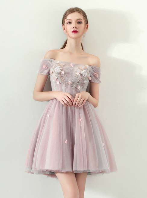 Pink Off the Shoulder Tulle Homecoming Dress