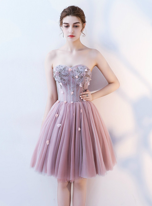 Pink Sweetheart Tulle Appliques Homecoming Dress